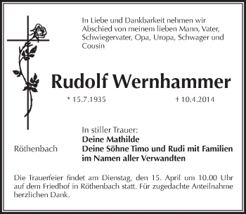 Traueranzeige von Rudolf Wernhammer von Pegnitz-Zeitung